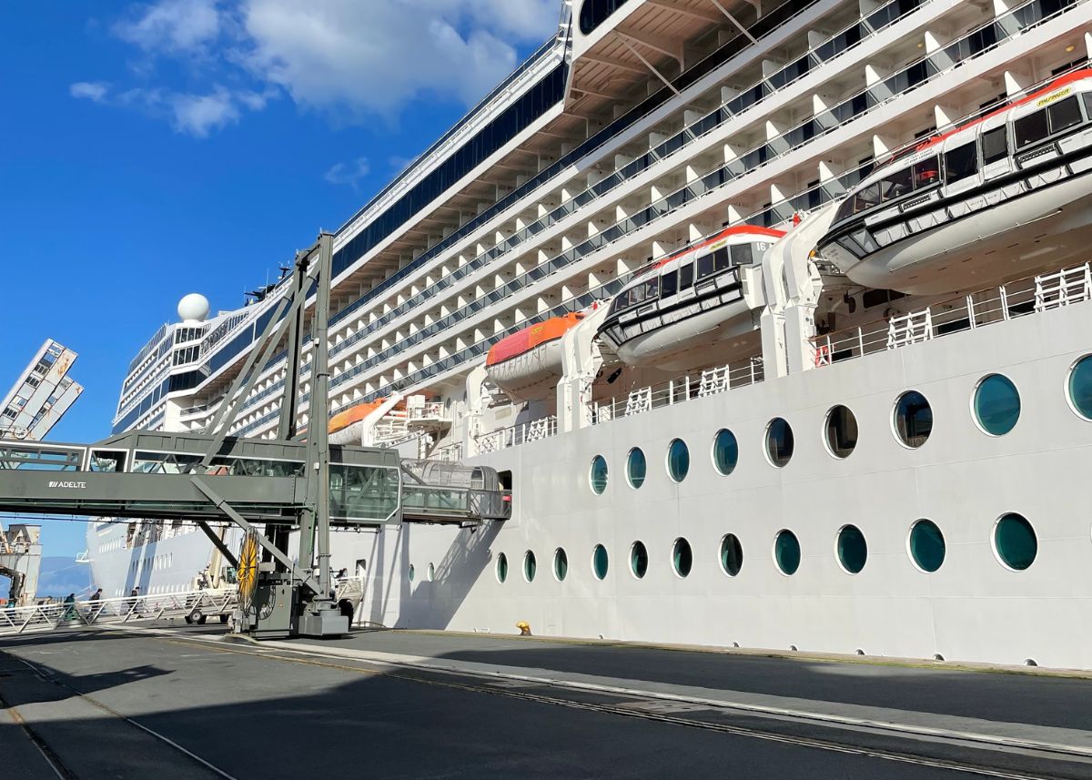 Boarding ramp leading to a docked cruise ship.