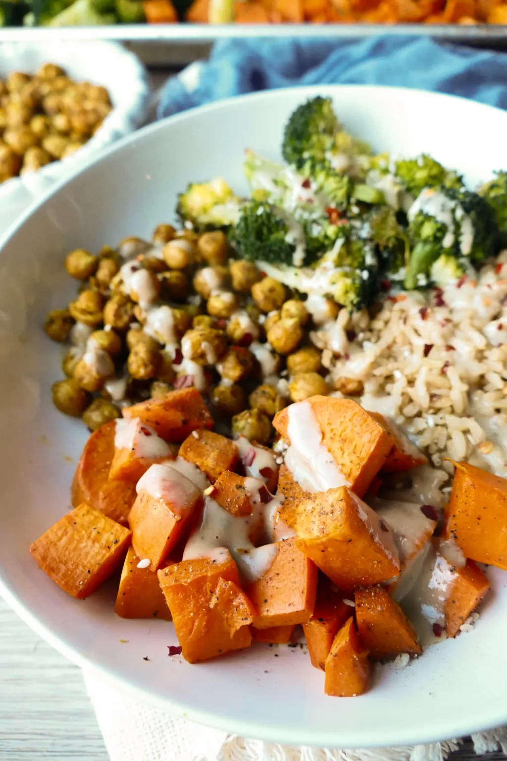 Sweet potato and chickpea brown rice bowl with broccoli.