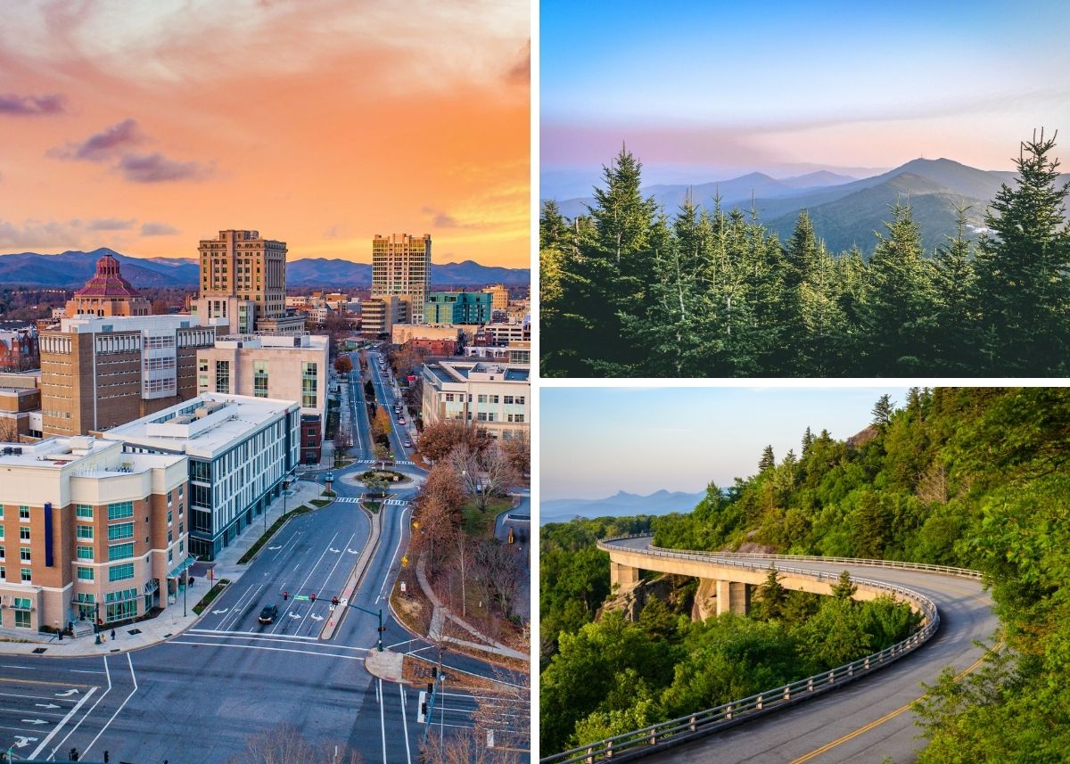 Collage of images from Asheville, North Carolina.