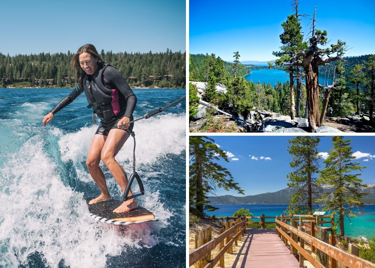 Collage of images from Lake Tahoe with a woman wakeboarding.
