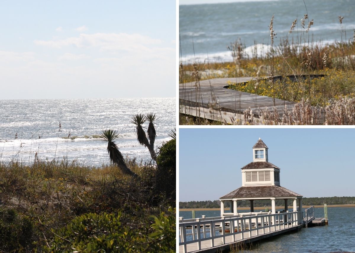 Collage of images from a coastal destination with a dock and beach.