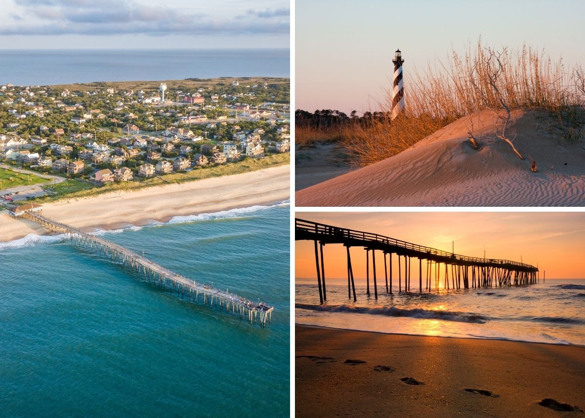 Collage of coastal area with a beach and boardwalk.