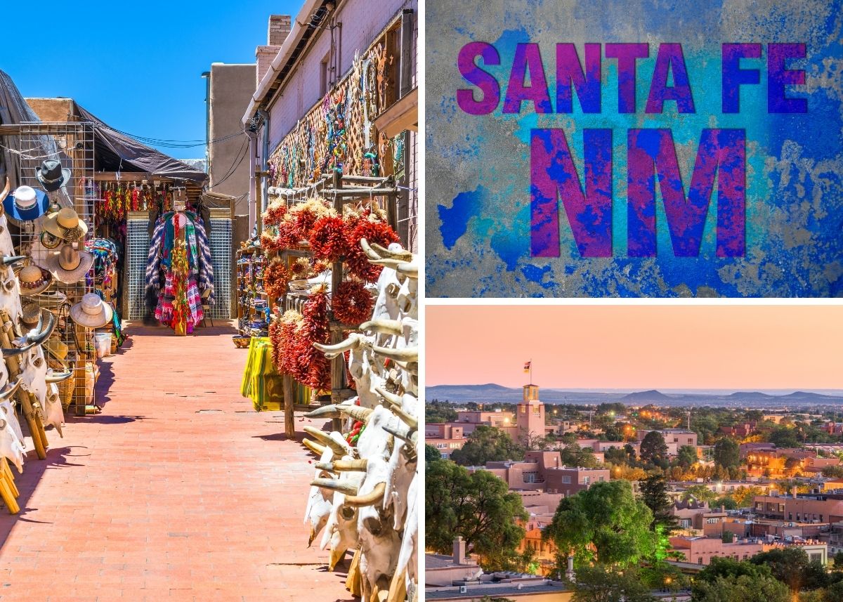 Collage of images from Santa Fe, New Mexico.