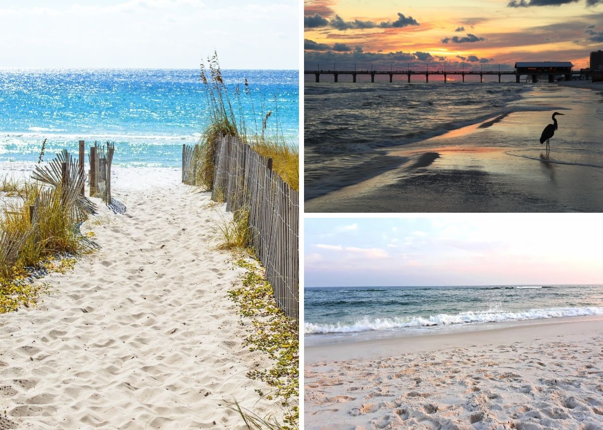 Collage showing a beach with a weathered fence.