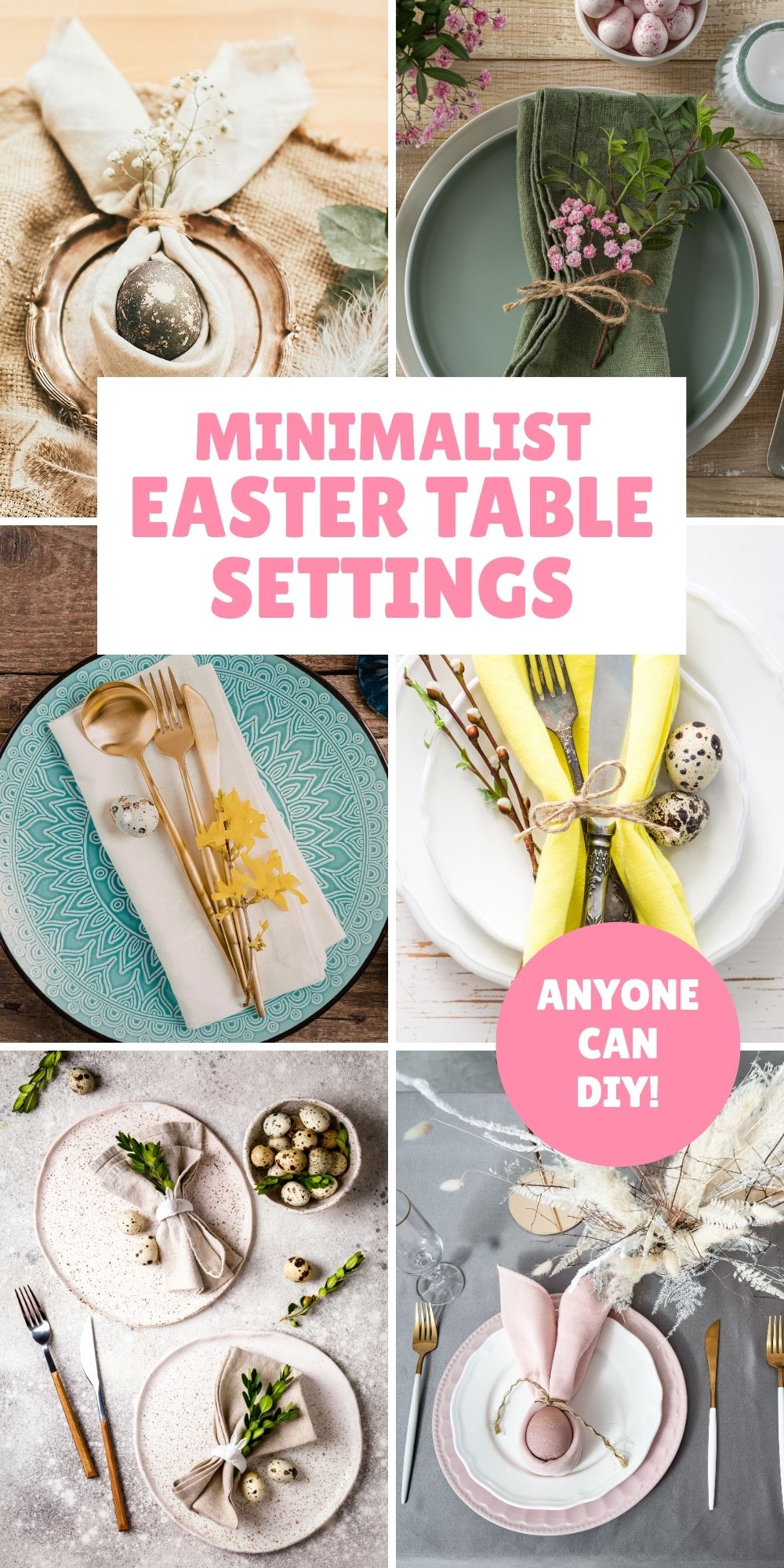 Pinterest graphic with text and a collage of Easter table settings,