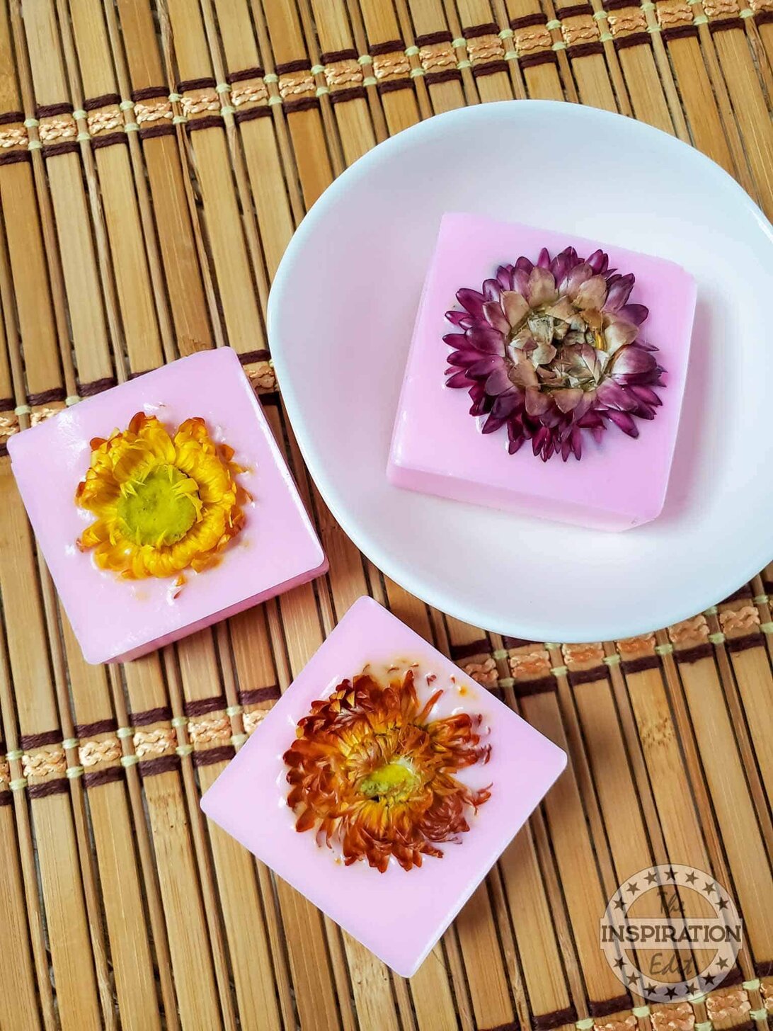 Homemade soap with spring flowers.