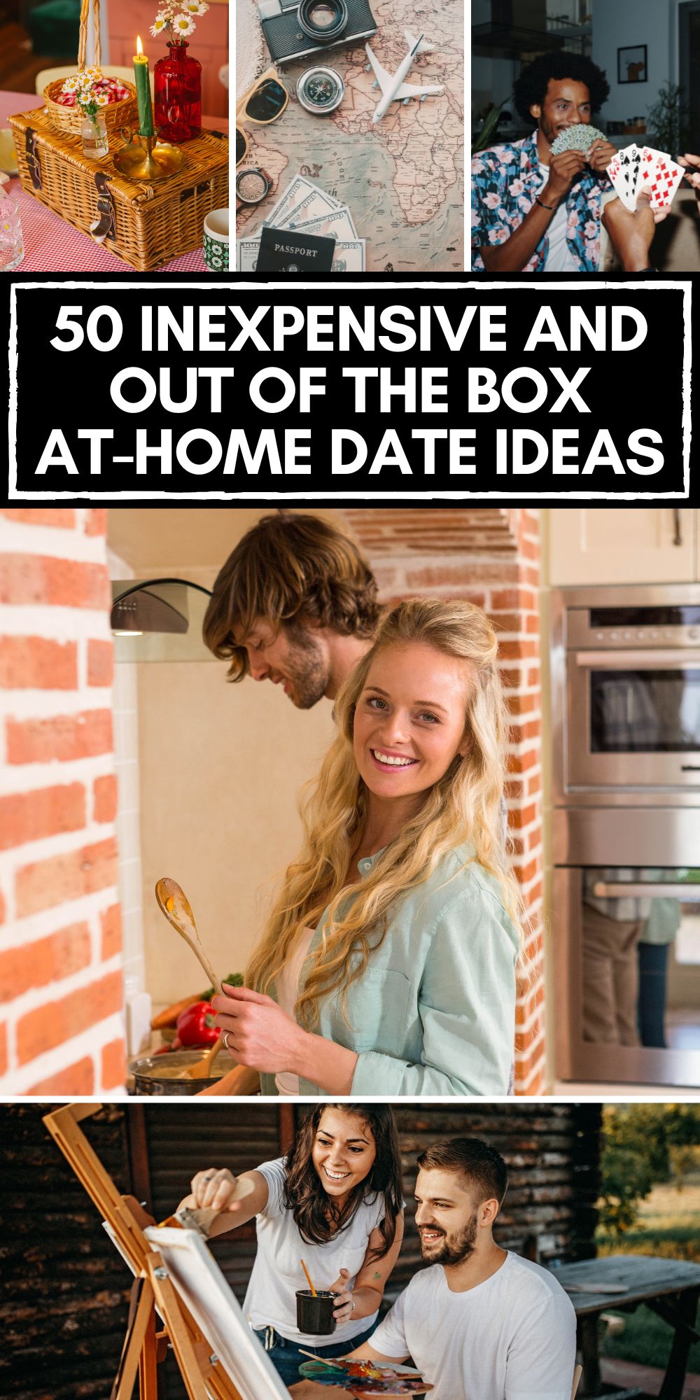 Pinterest graphic with text and a collage of at home date ideas.