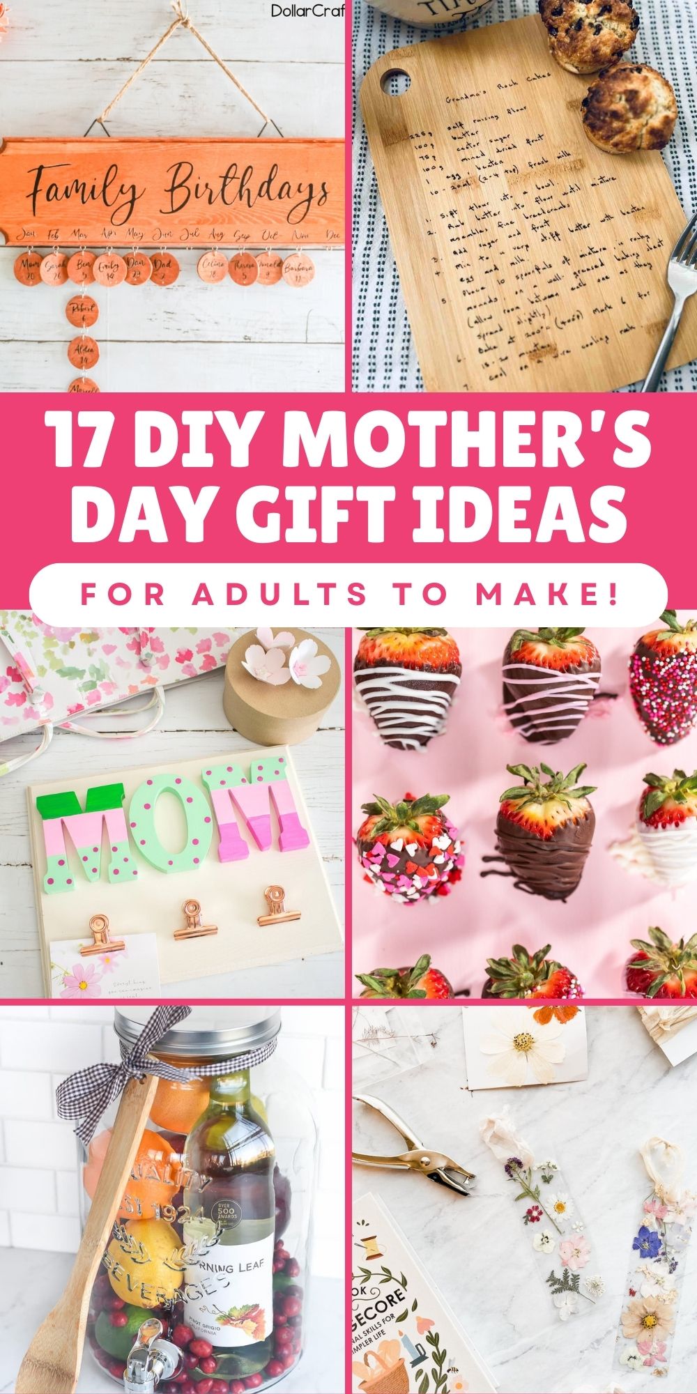 Pinterest graphic with text and a collage of DIY Mother's Day gifts from adults.
